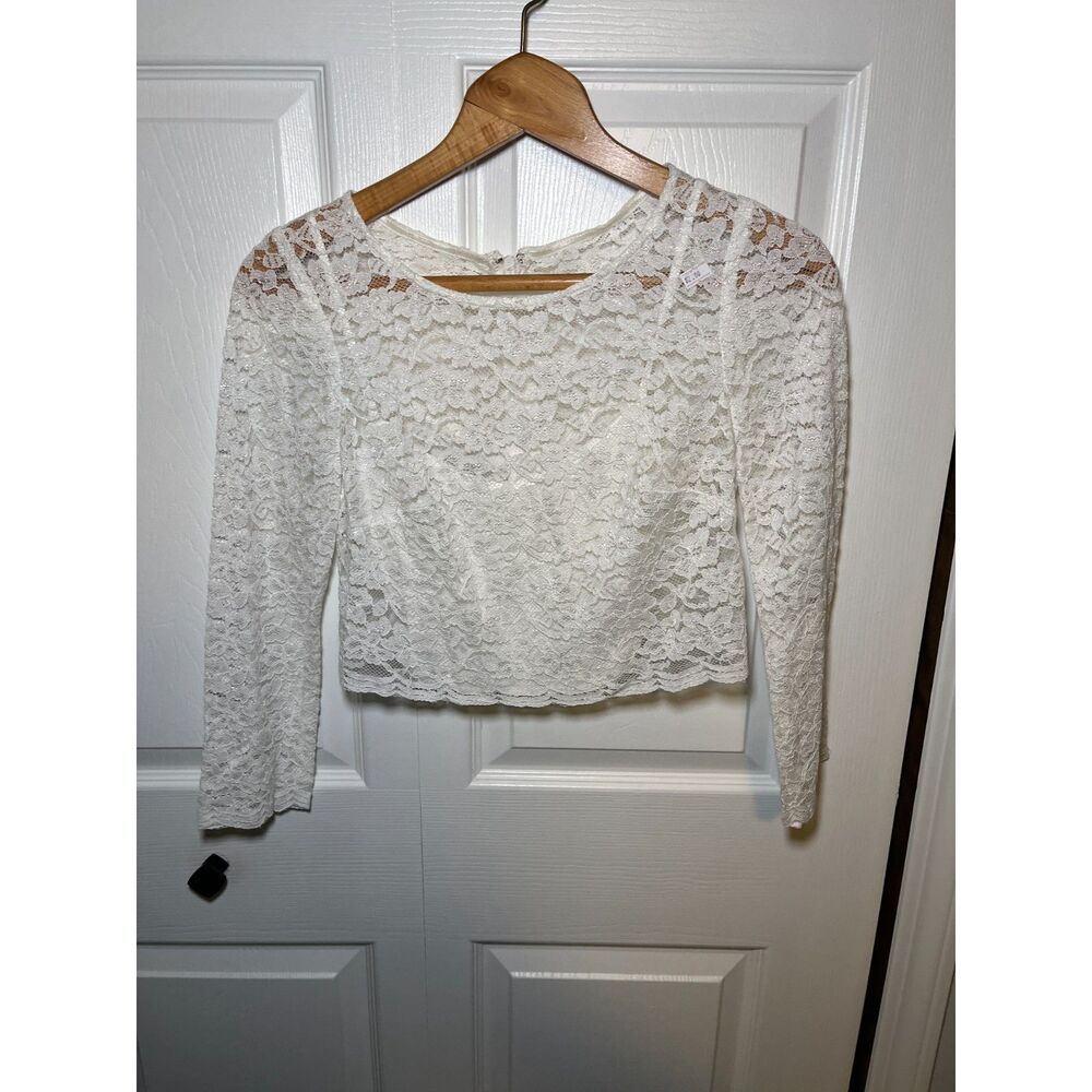 DB Studio Ivory Lace Crop Top Women’s Size 6 Long Sleeve Floral Sheer Top